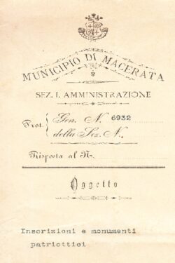 Municipio di Macerata Sez. I. Amministrazione Iscrizioni e monumenti patriottici Comune di Macerata 1902