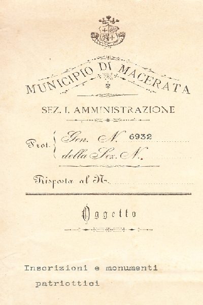 Municipio di Macerata Sez. I. Amministrazione Iscrizioni e monumenti patriottici Comune di Macerata 1902