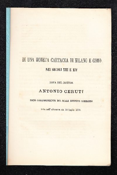 Di una moneta cartacea di Milano e Como nei Secoli XIII e XIV