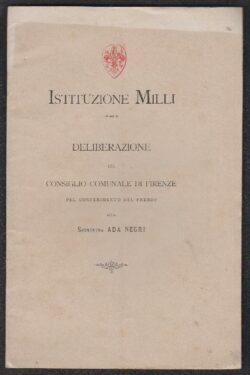 Deliberazione del Consiglio Comunale di Firenze per conferimento del Premio alla Signora Ada Negri
